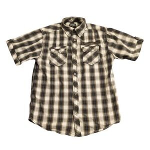 Point Zero Plaid Button Down Shirt Mens Large Olive Green Utility Grunge